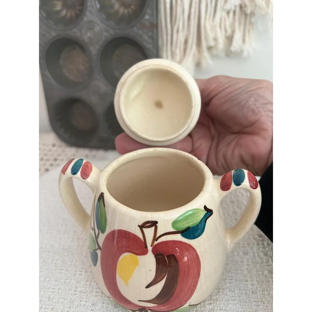 Vintage Purinton Pottery Sugar Bowl: Hand-Painted Apple Design, 1950s (3874)